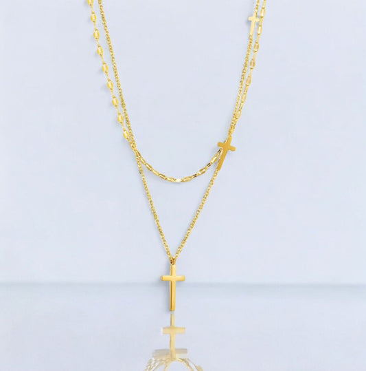 Titanium Double layered cross Gold Necklace